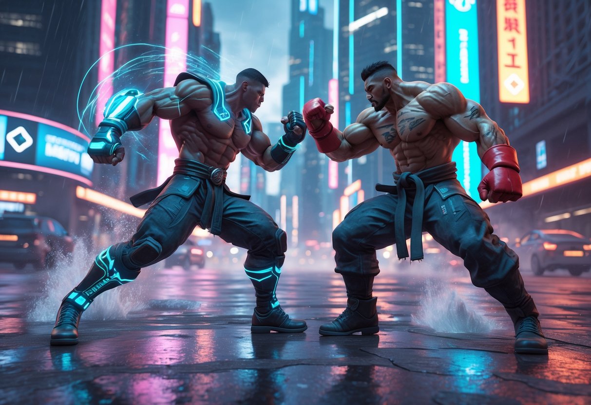 Two fighters battling in a neon-lit city arena with futuristic buildings and glowing effects around them.