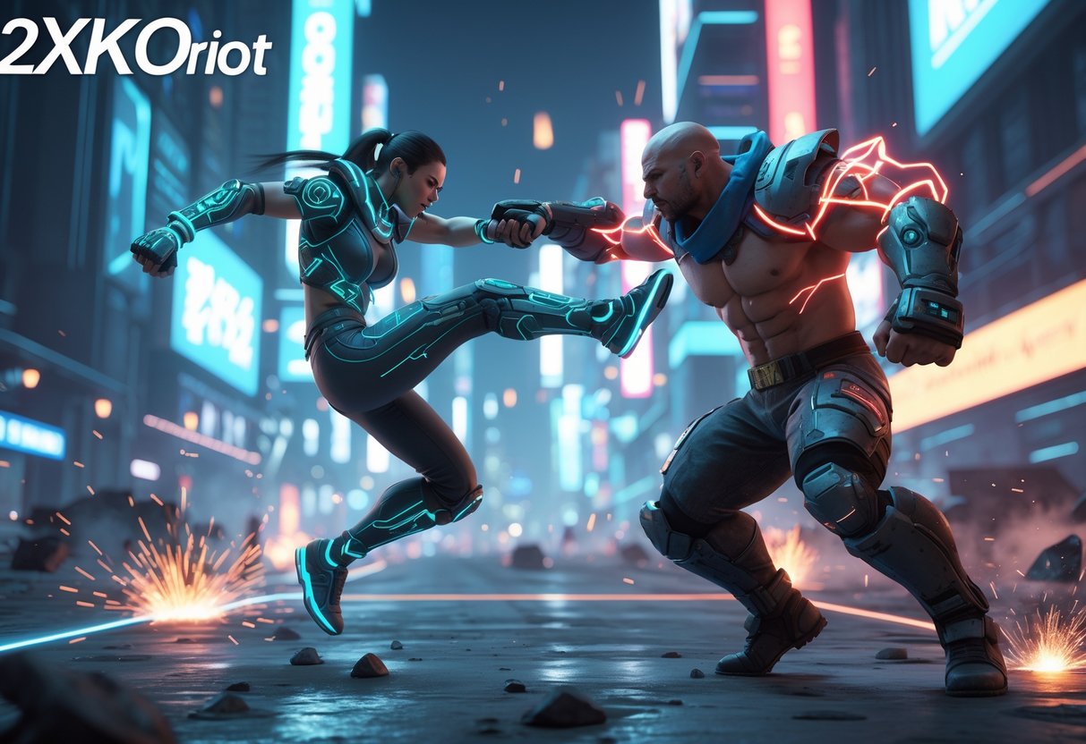 Two futuristic fighters engaged in a combat move in a neon-lit city arena at night.
