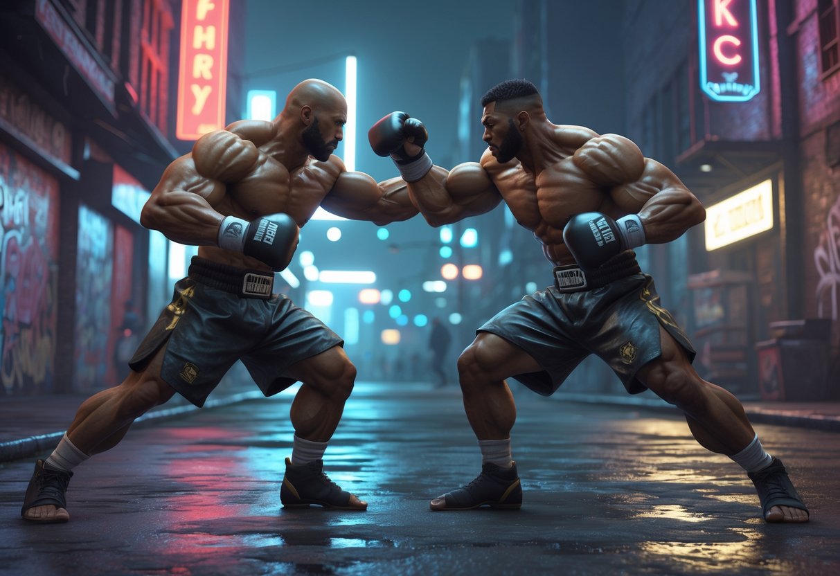 Two fighters in a city street arena engaged in a defensive blocking move during a street fight.