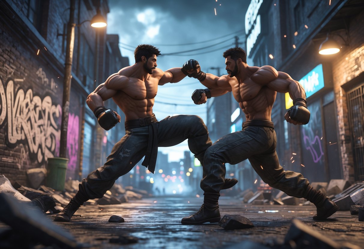 Two fighters battling fiercely in a dark urban alley filled with neon lights and graffiti.