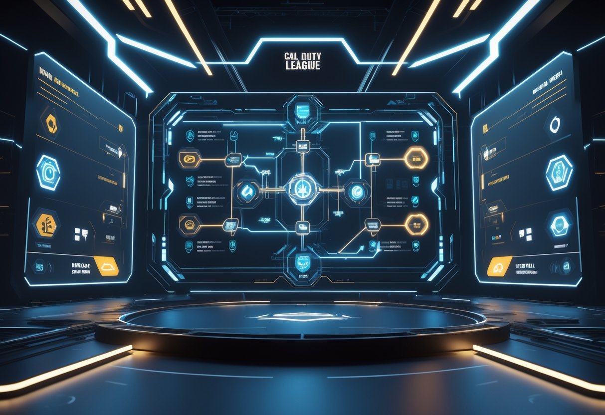 A 3D digital stadium displaying a futuristic esports season bracket with glowing nodes and connecting lines, surrounded by icons representing teams and events.