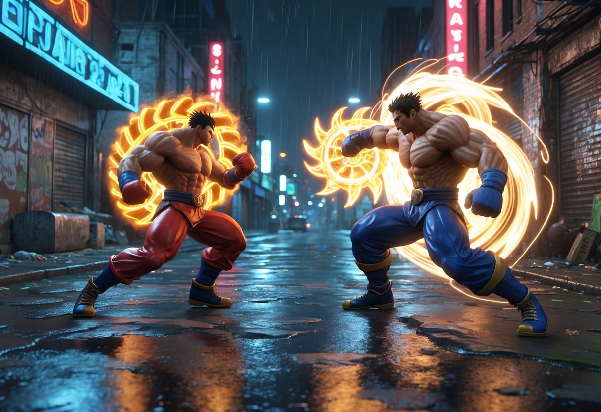 Two fighters performing powerful special moves in a rainy, neon-lit city street at night.