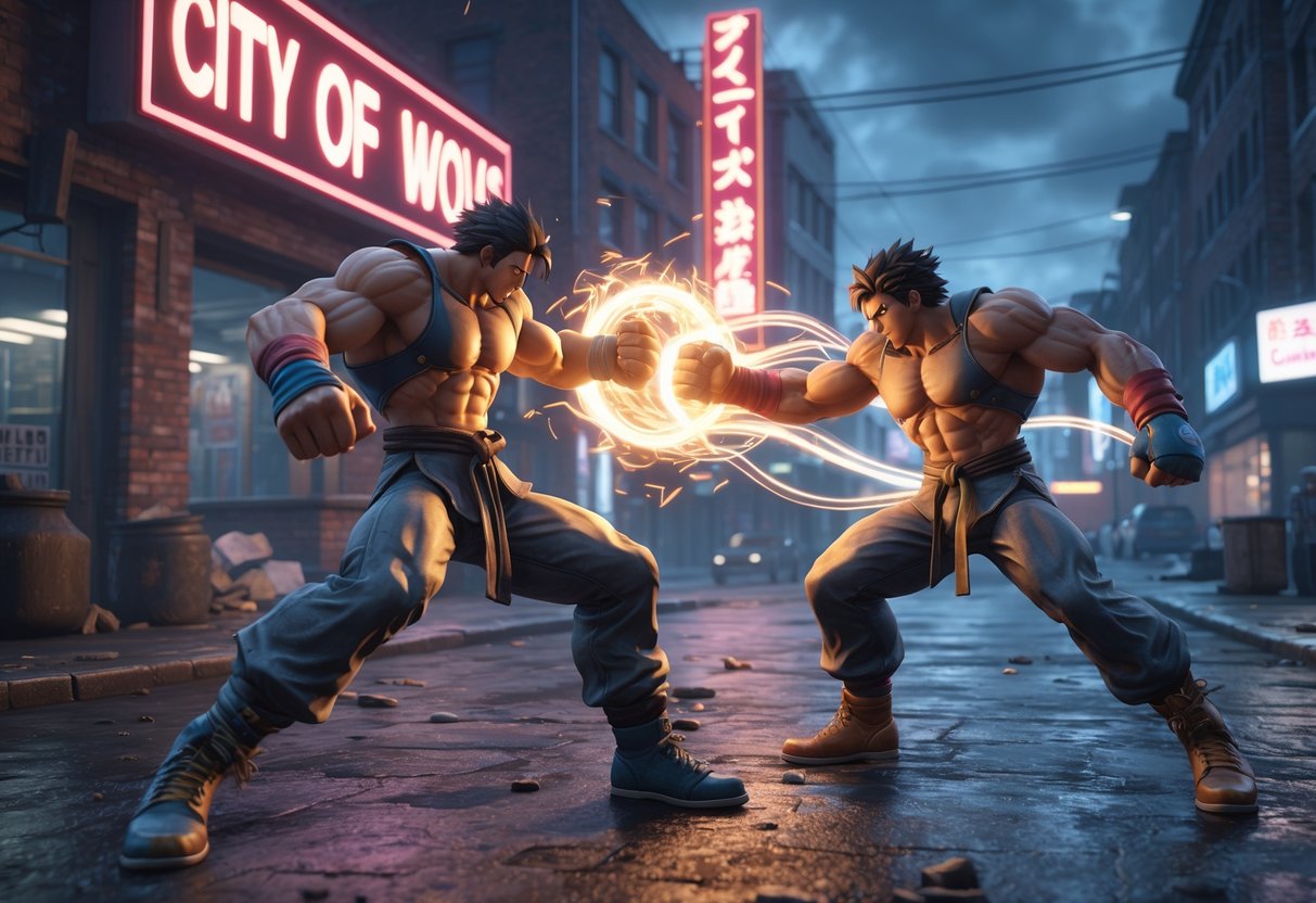 Two fighters battling on a neon-lit urban street at dusk, with one performing a glowing energy attack and the other responding, while a third prepares a combo move nearby.