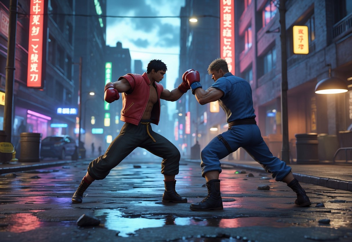 Two fighters battling on a wet city street at dusk with neon lights and tall buildings in the background.