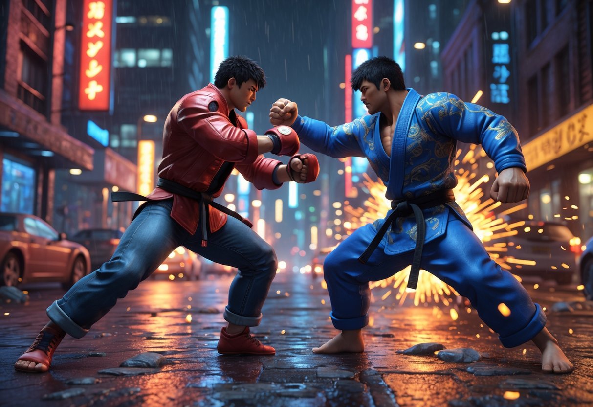 Two fighters engaged in a dynamic battle on a rain-soaked city street at night, surrounded by tall buildings and glowing neon lights.