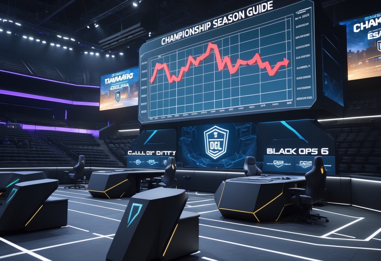 An esports arena with empty seats, gaming stations, and a scoreboard showing falling viewership numbers during a championship weekend.