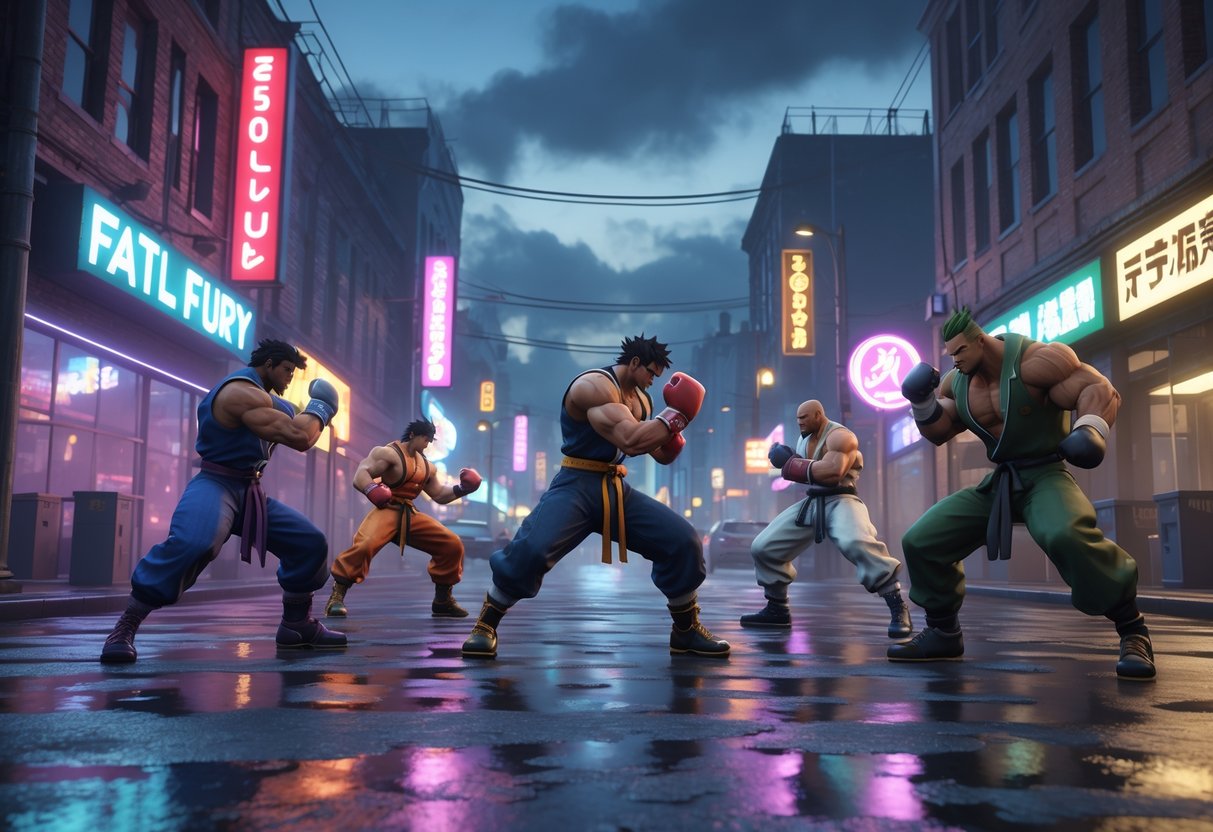 A group of fighters in dynamic poses stand on a wet city street at dusk, surrounded by neon lights and urban buildings.