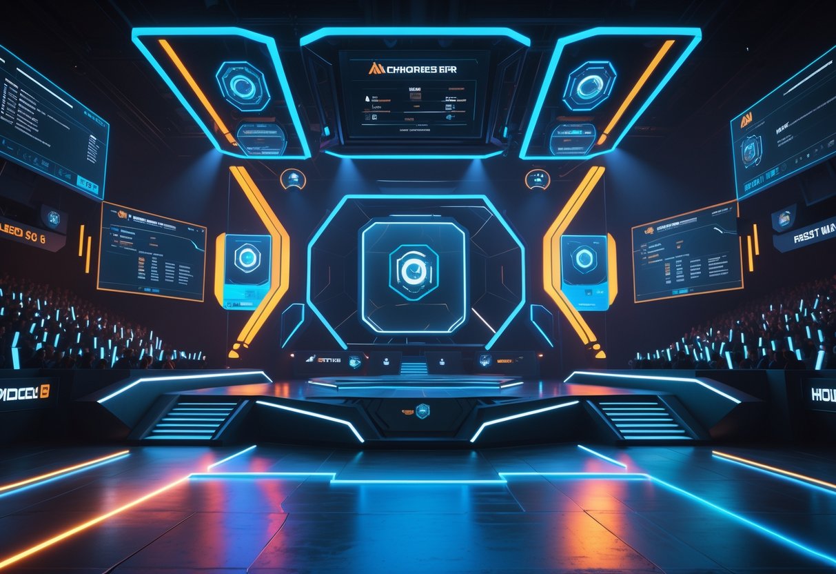 A futuristic esports arena with a glowing gaming stage, holographic displays, and a crowd of spectators watching a competitive gaming event.