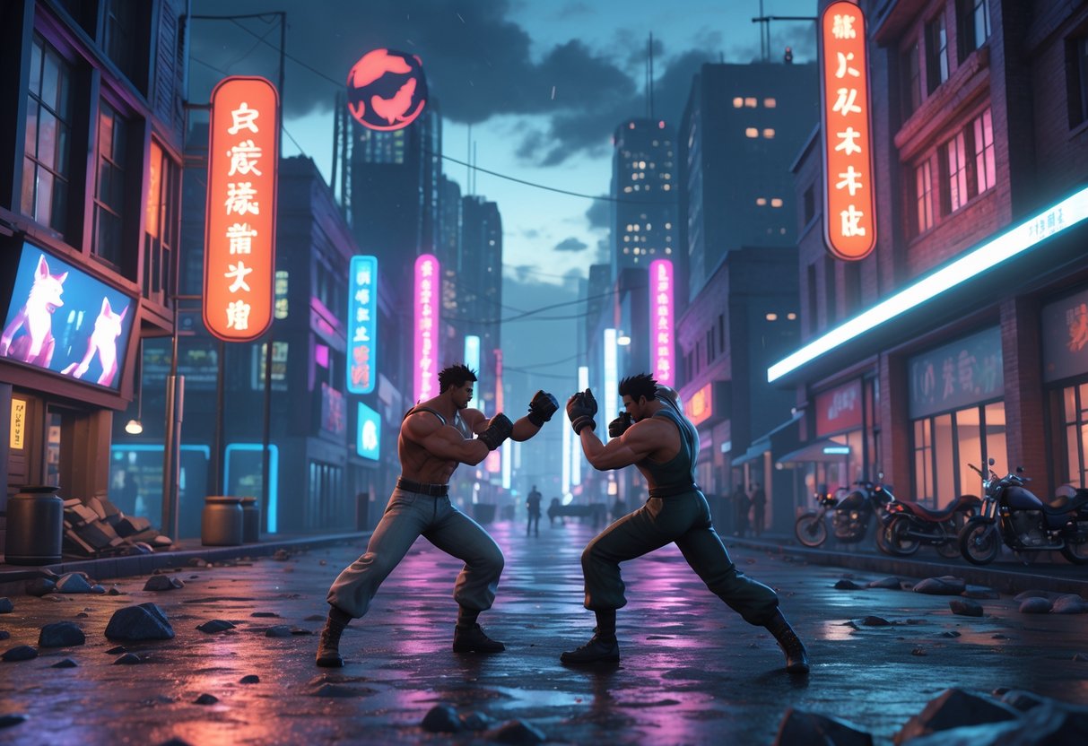A detailed city street at dusk with two fighters facing each other in a dynamic pose, surrounded by tall buildings and neon lights reflecting on wet pavement.
