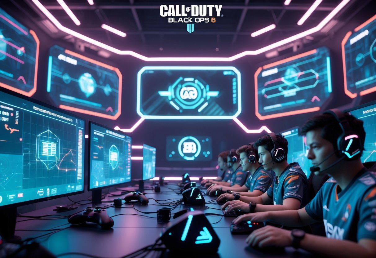 A 3D scene showing professional gamers in a futuristic esports arena with holographic displays of rankings and strategy maps, focused on competitive gameplay.