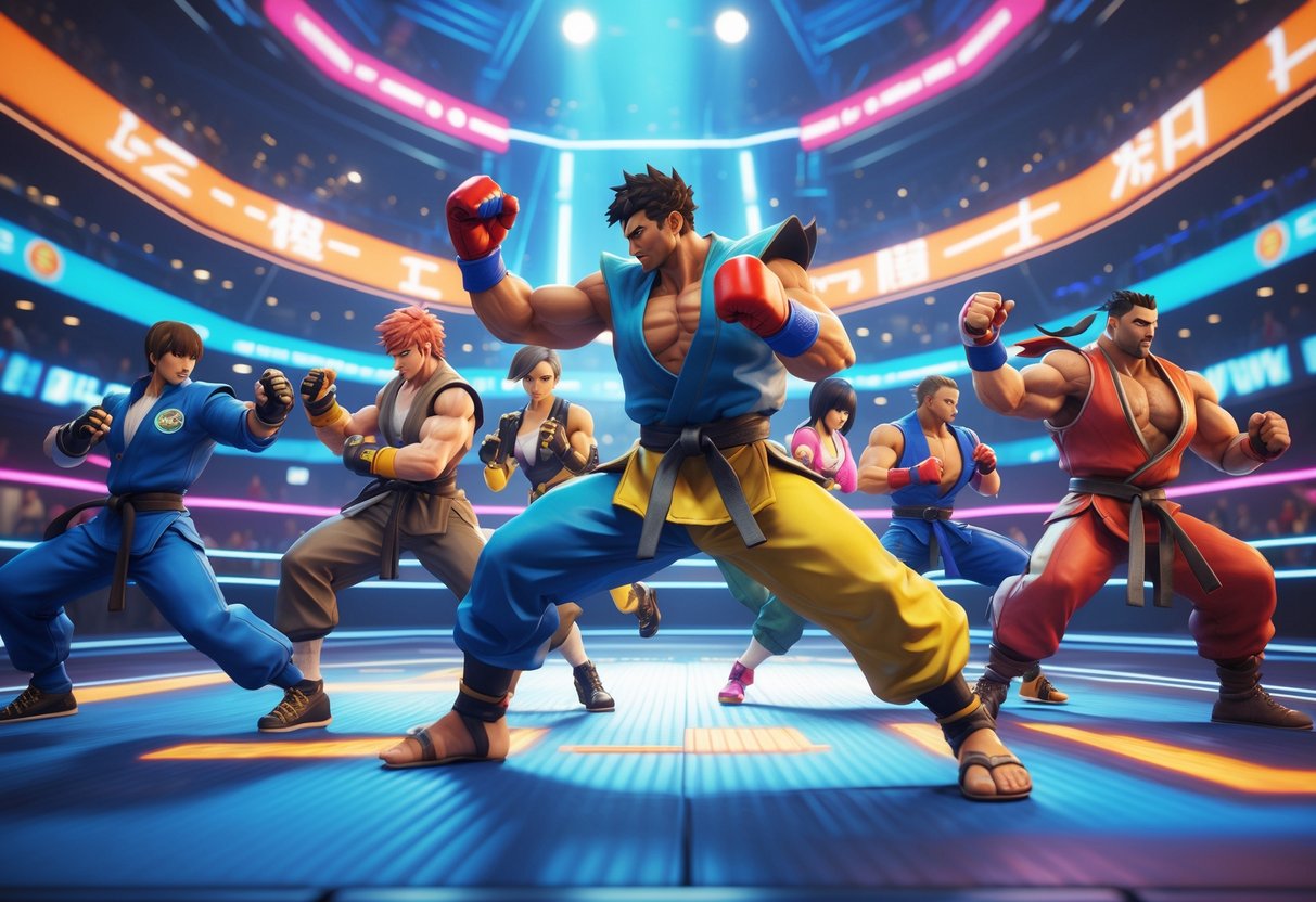 A group of diverse fighters in dynamic poses inside a futuristic arena filled with glowing lights and a digital crowd, ready for a competitive martial arts tournament.