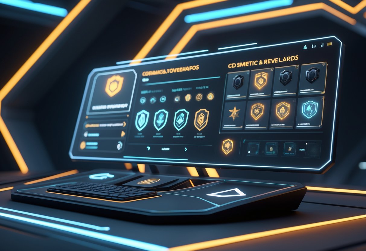 A futuristic gaming interface showing holographic cosmetic rewards and personalisation options for a competitive shooter game, with weapon skins, character outfits, and progress indicators.