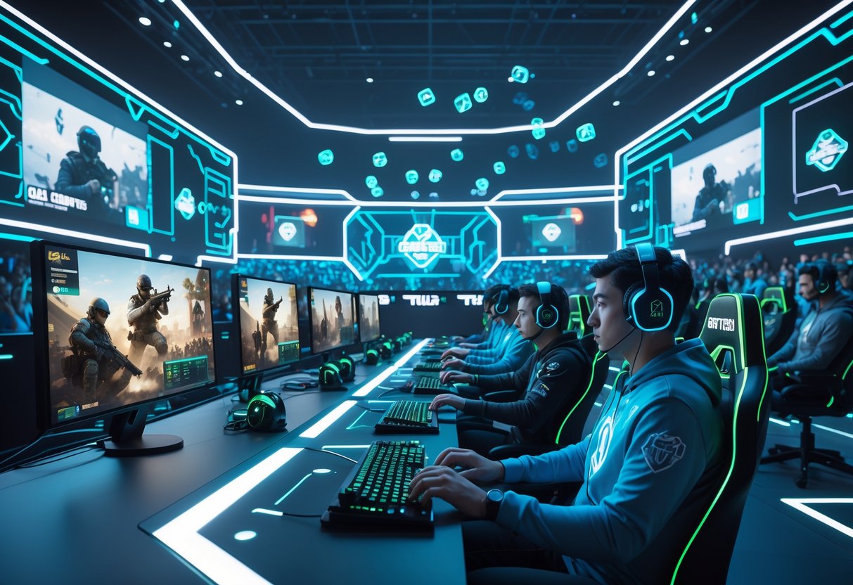 A 3D scene of a futuristic esports arena with players competing in a Black Ops 6 tournament, surrounded by holographic displays and a digital crowd.