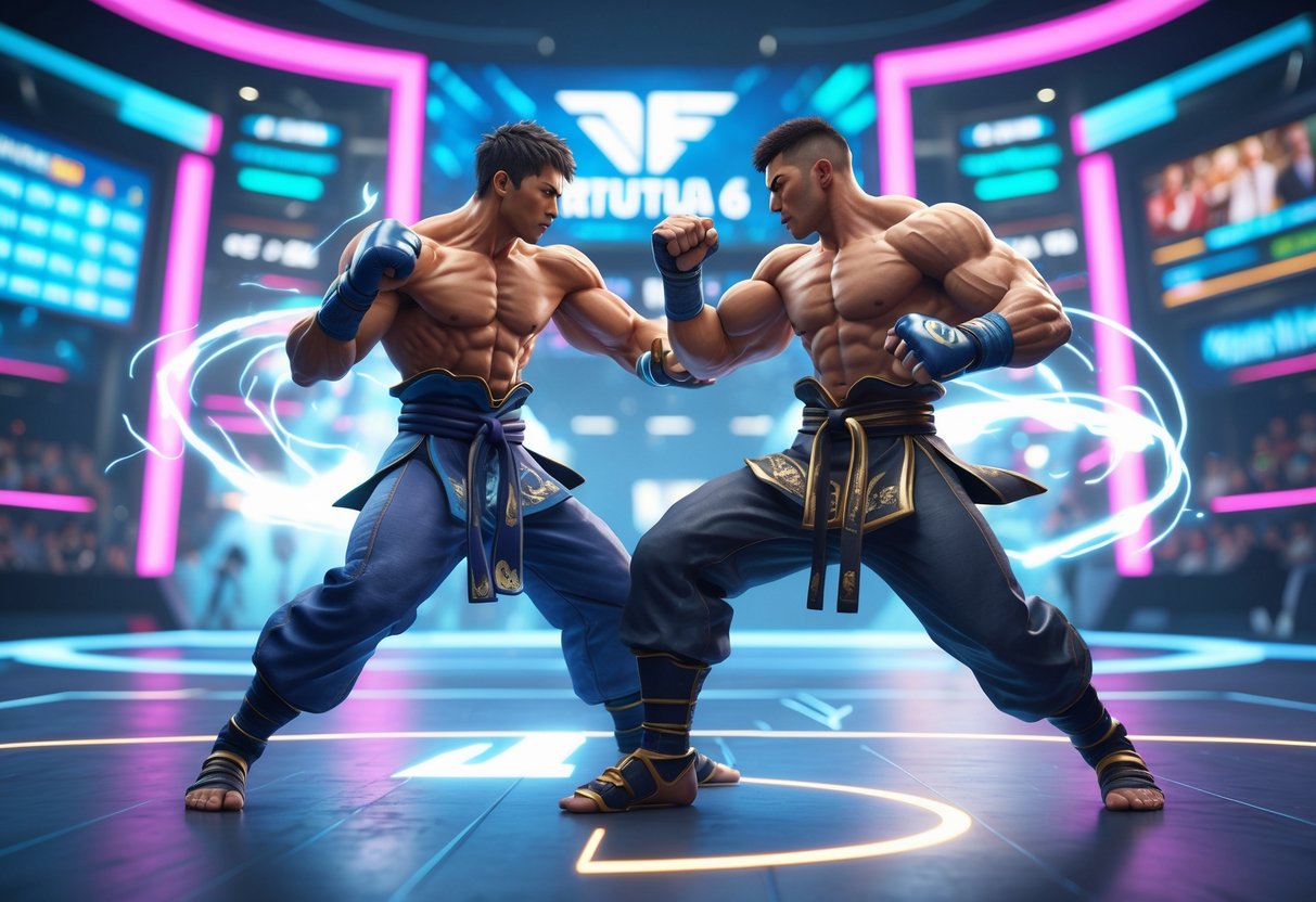 Two martial artists fighting in a futuristic arena with neon lights and a digital crowd watching.