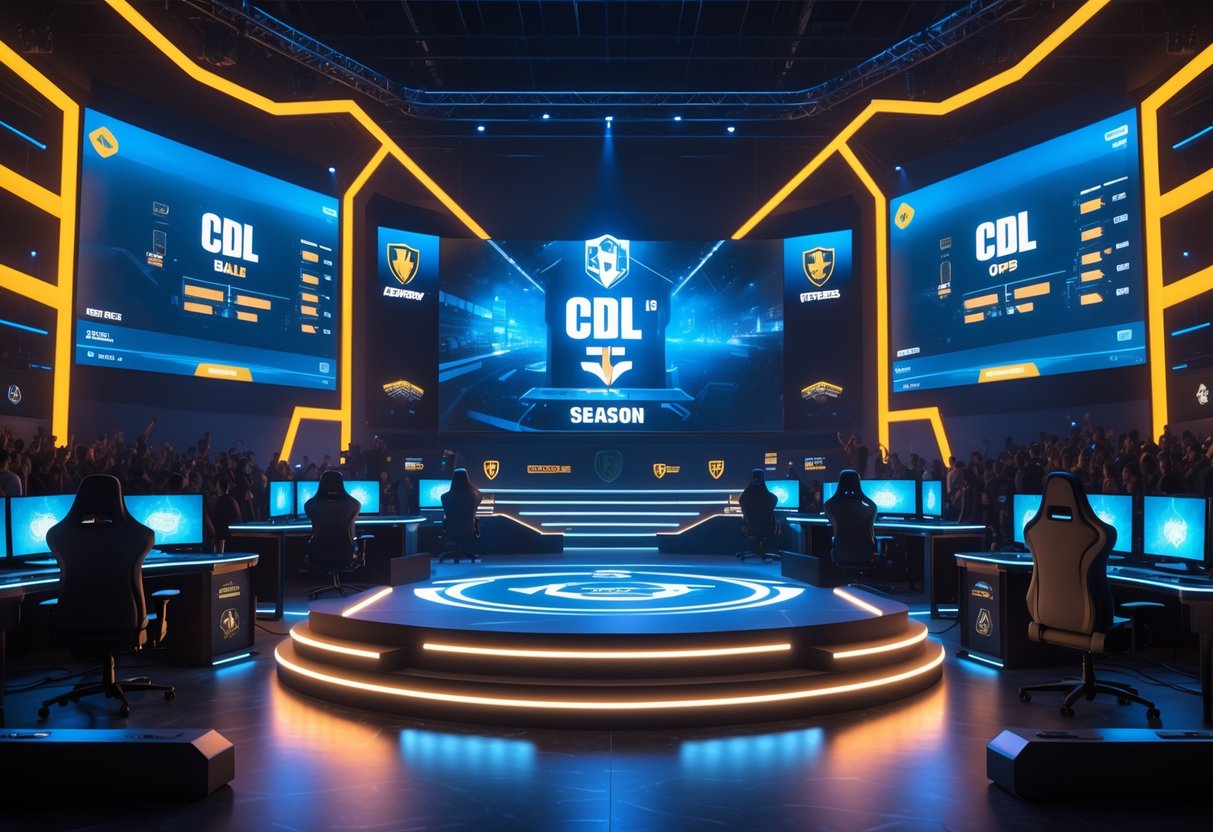 A futuristic esports arena with gaming stations, holographic displays, and a large screen showing competitive gaming elements, surrounded by an excited crowd.