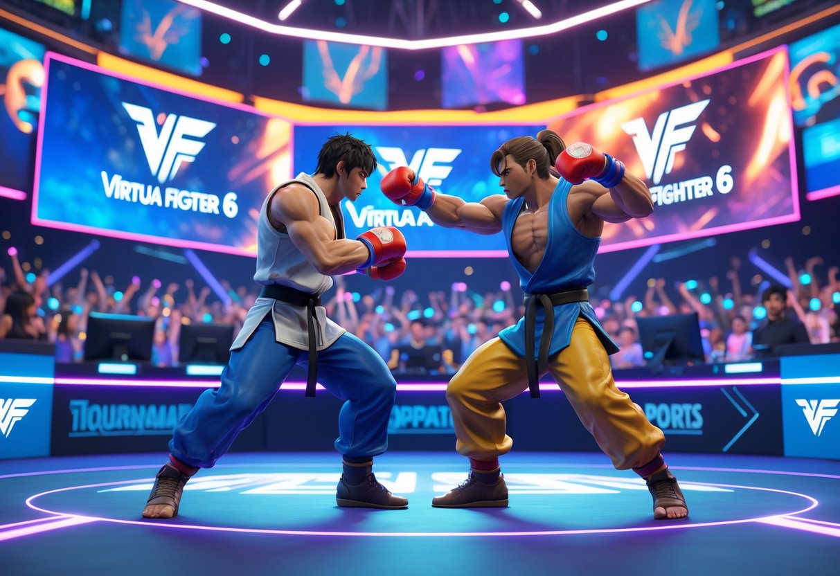 Two characters fighting in a virtual arena with a cheering crowd and large screens showing the game.