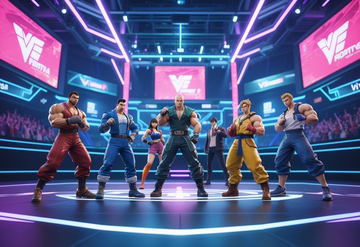A futuristic esports arena with diverse fighters in dynamic poses on a high-tech stage surrounded by holographic effects and a cheering crowd.