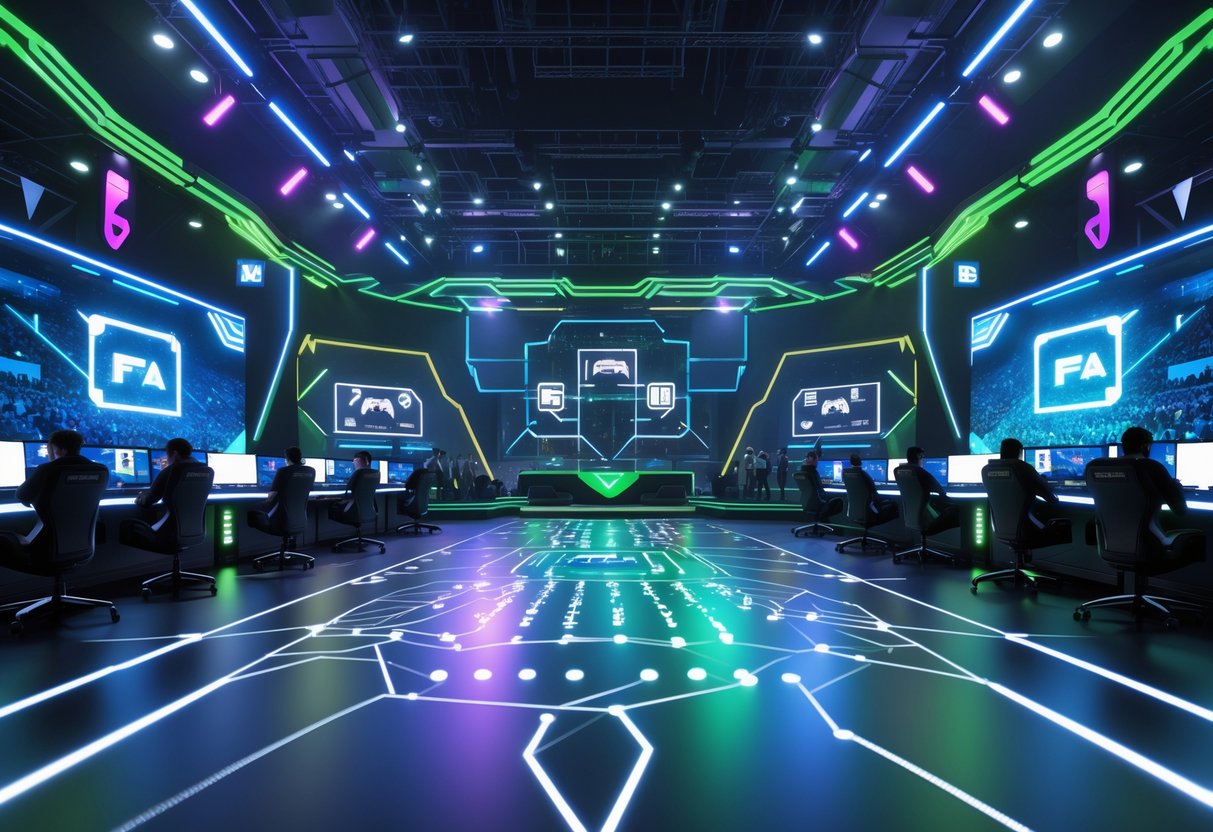 A 3D scene showing a futuristic esports tournament with a glowing tournament bracket, gaming stations, players, and a lively crowd in a stadium.