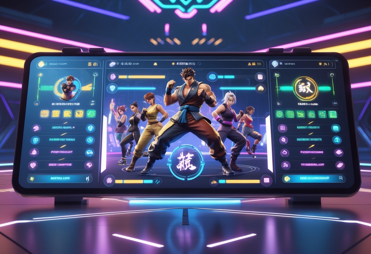 A futuristic character selection screen showing diverse fighters with progress bars and customisation icons in a neon-lit virtual arena.