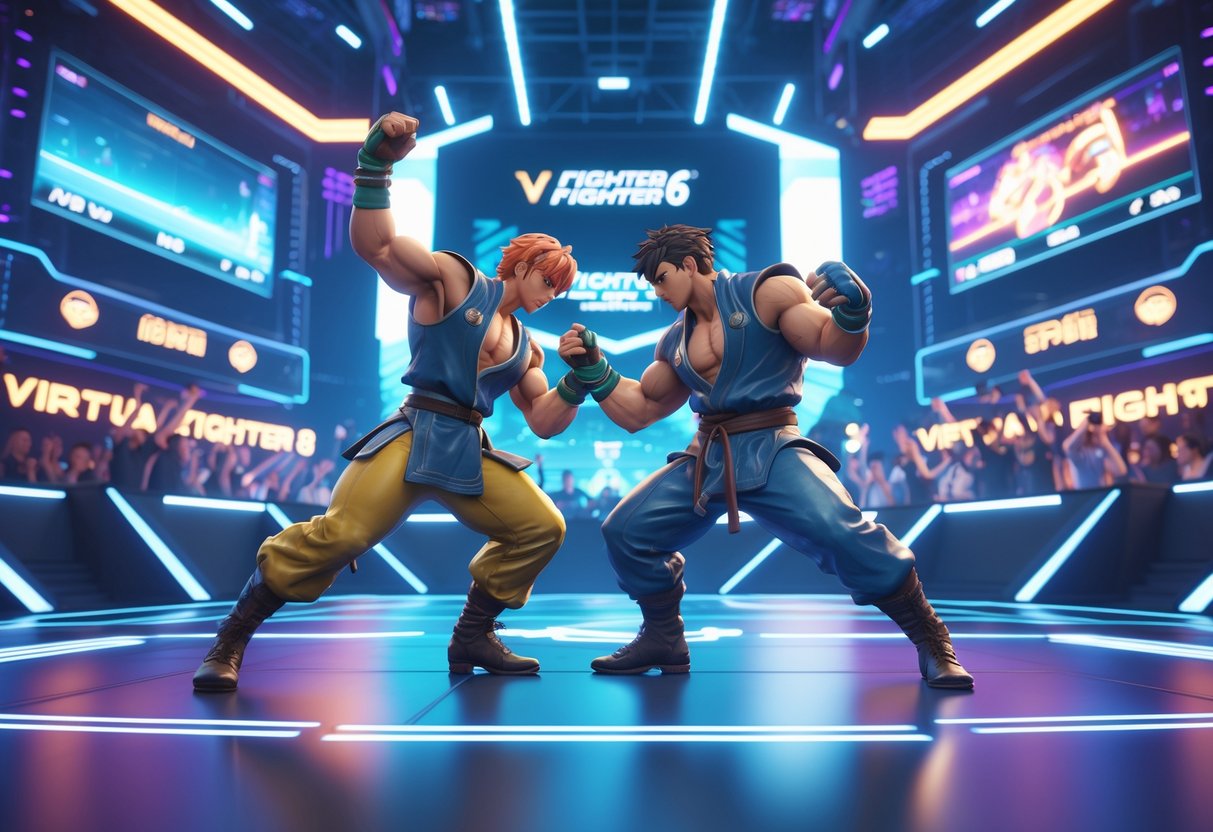 Two fighters in a futuristic arena engaged in an intense battle with a cheering digital crowd and holographic displays in the background.
