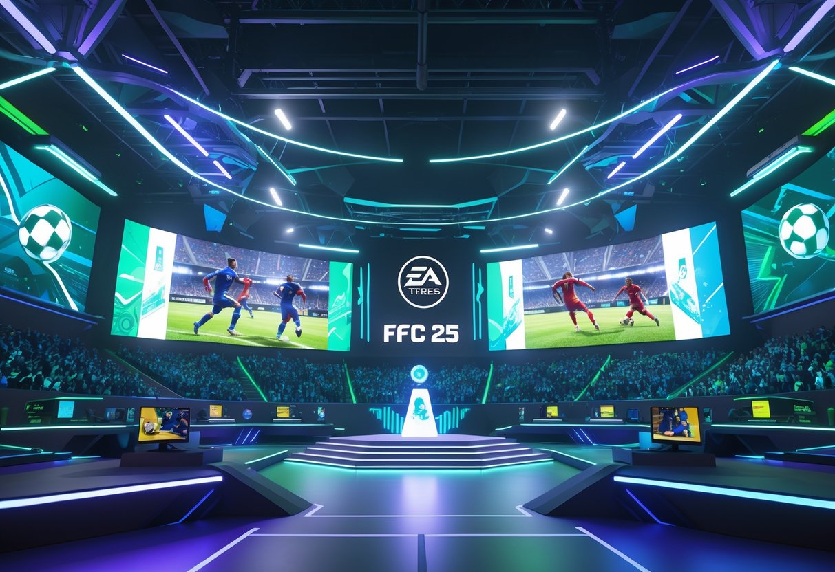 A futuristic esports stadium filled with excited spectators watching a football esports match on large screens, with glowing lights and advanced gaming equipment.