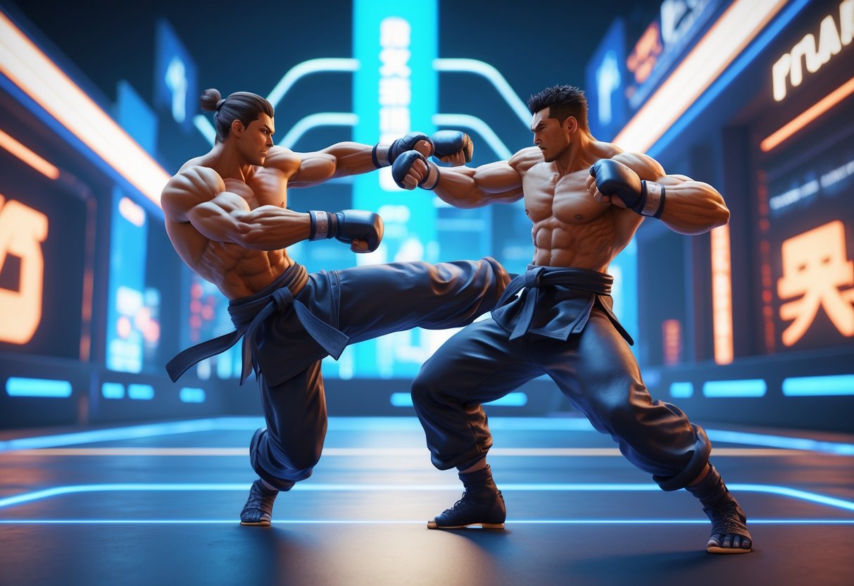 Two martial artists fighting in a neon-lit urban arena with dynamic poses and intense expressions.