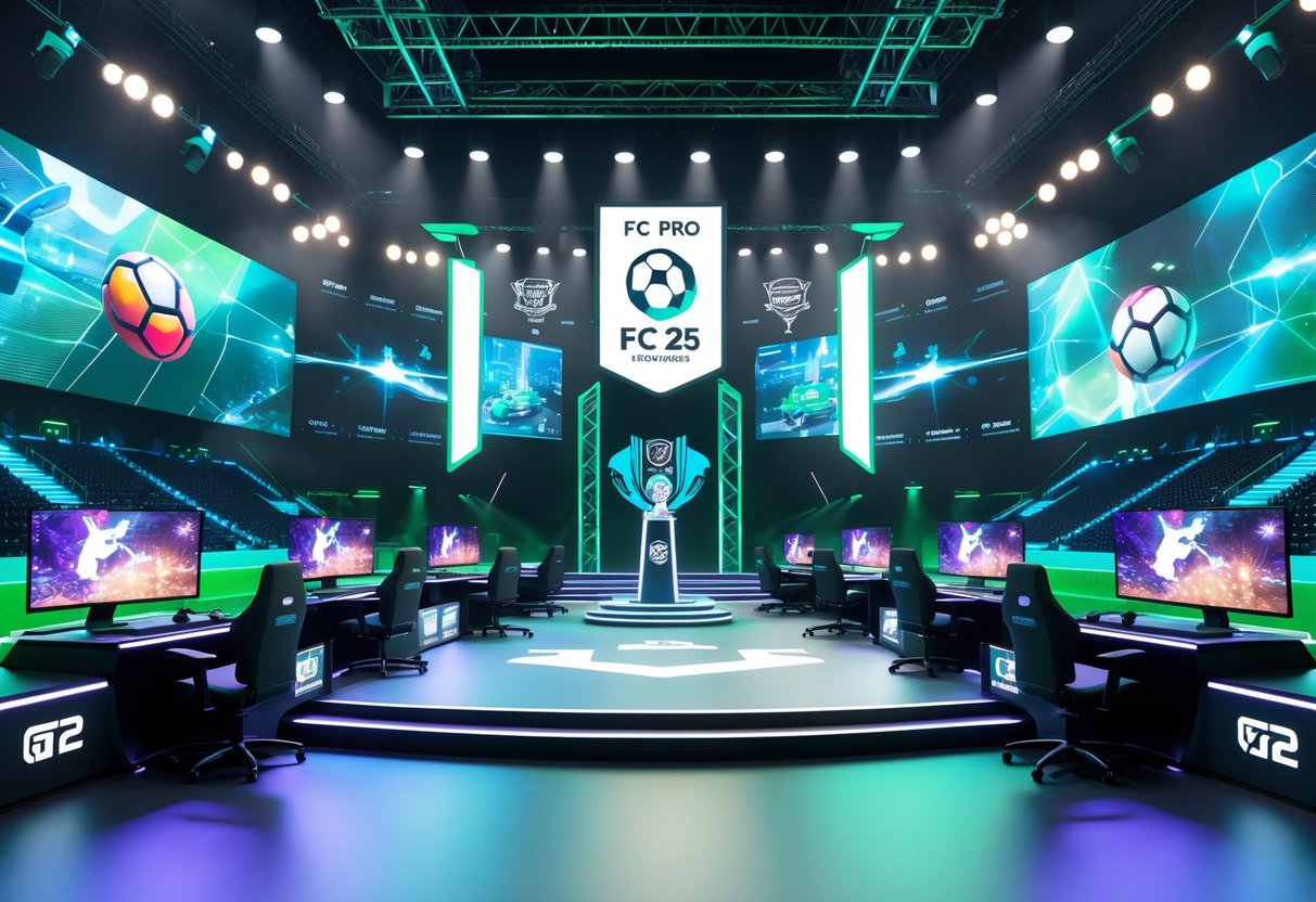 A 3D scene of an esports tournament arena with gaming stations, digital screens, and a central podium, surrounded by virtual crowds and dynamic lighting.