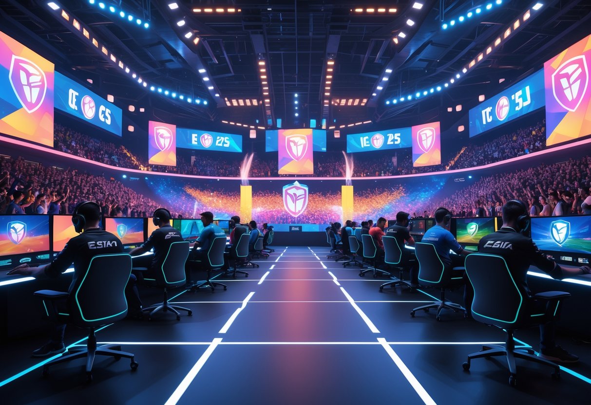 A 3D scene of an esports tournament with players competing in a futuristic stadium filled with digital screens and a cheering crowd.