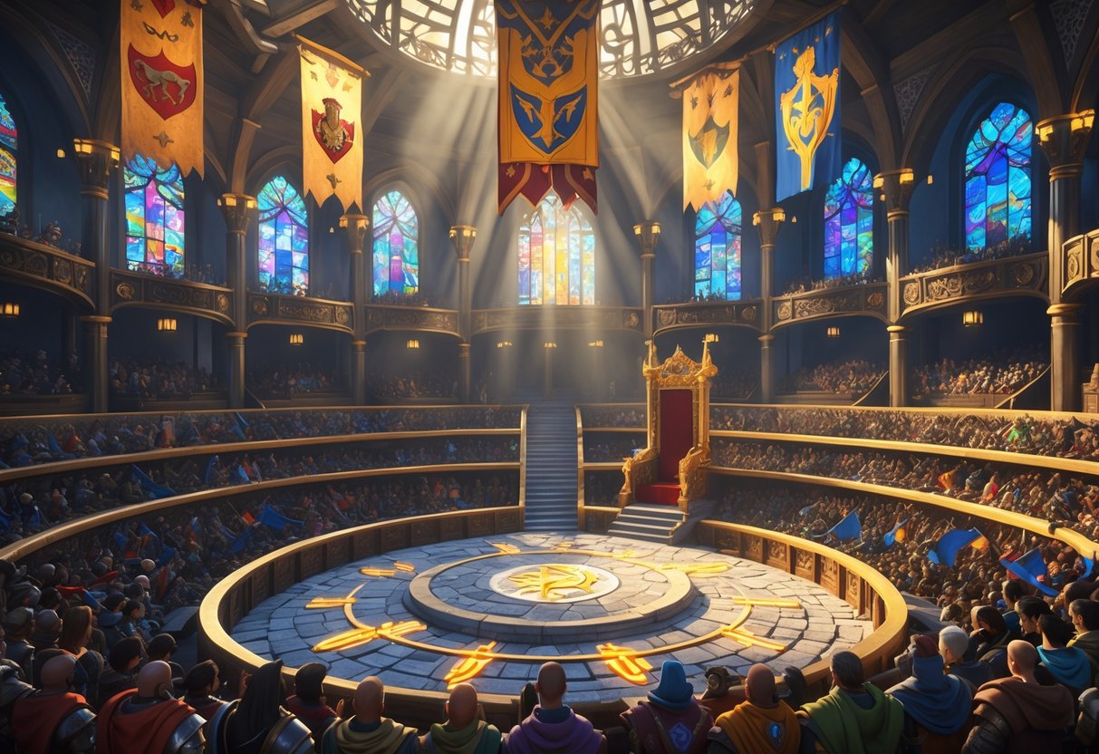 A grand fantasy tournament hall with a circular arena surrounded by spectators and a majestic throne on a raised platform.