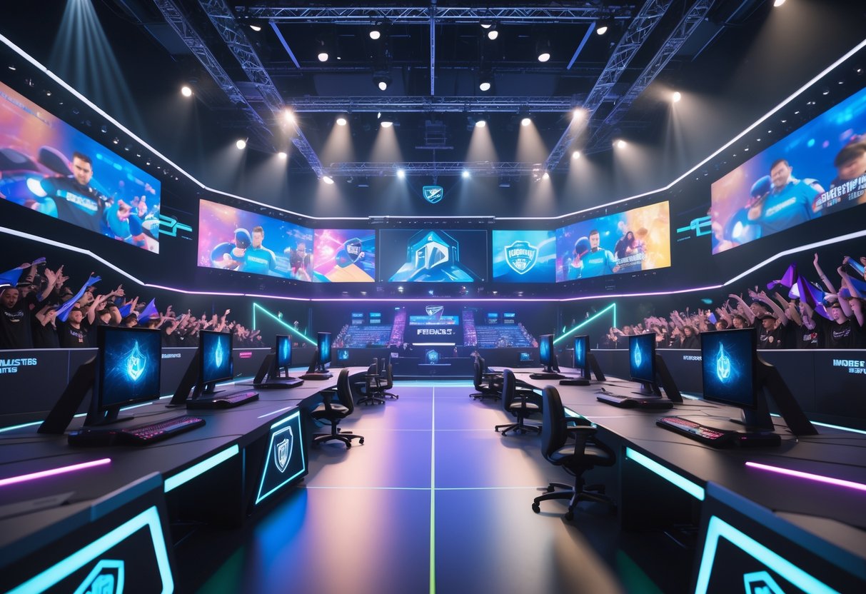 A large esports arena with two teams competing on stage surrounded by cheering fans and bright lights.