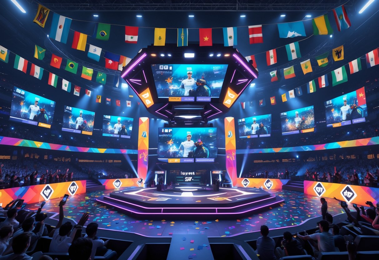 A large esports stadium filled with fans and colourful decorations, showing players competing in a South American football gaming tournament.