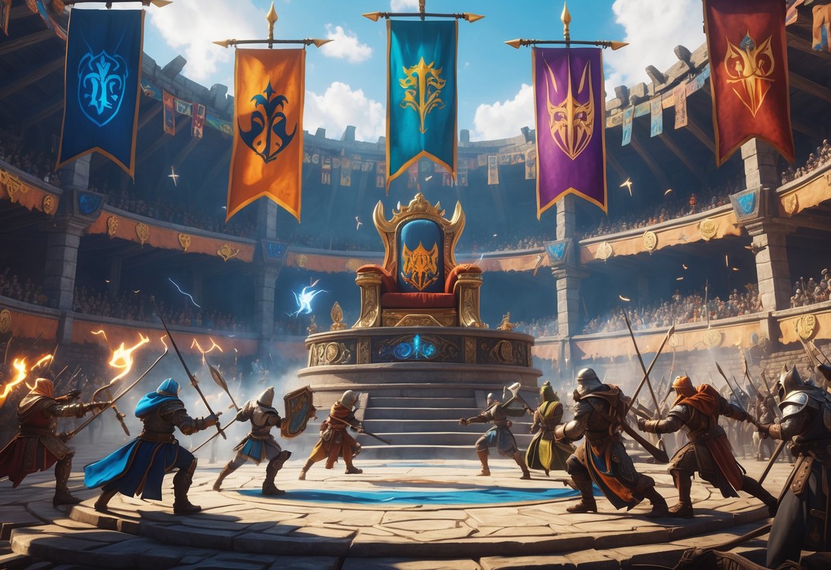 A fantasy arena with warriors fighting near a decorated throne surrounded by guild banners and cheering spectators.