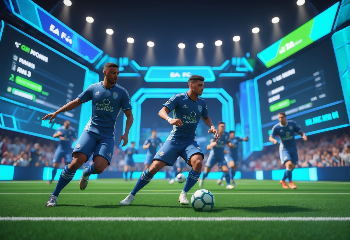 A lively esports tournament scene with professional football players competing on a digital pitch surrounded by virtual spectators and large screens showing match details.