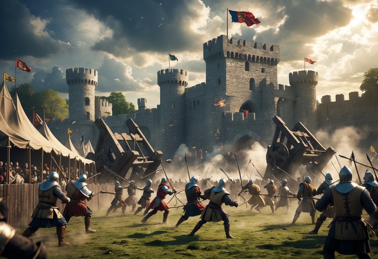 A medieval castle under siege with knights fighting in a battlefield surrounded by siege engines and spectators watching from the castle walls.