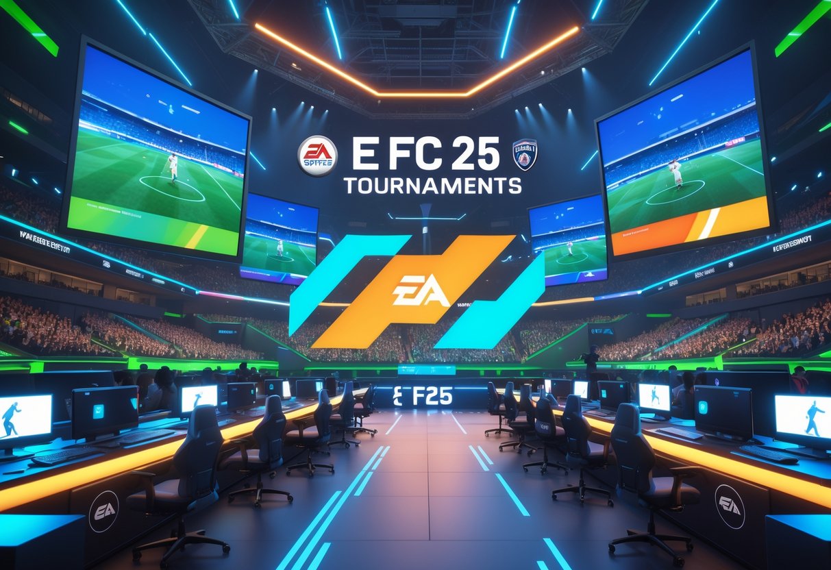 A futuristic esports arena filled with players at gaming stations and a crowd watching intense football esports matches under dynamic lighting and large holographic screens.