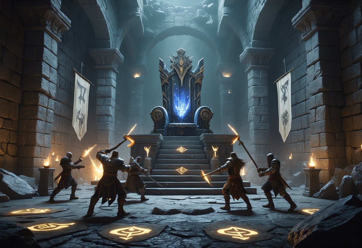 A dungeon arena with stone walls and a central throne where warriors in armour fight in a tournament.