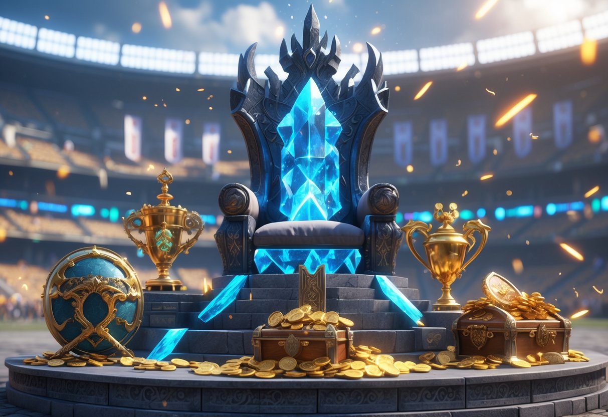 A grand throne on a stone platform surrounded by trophies, weapons, and treasure chests inside a large coliseum with banners and glowing magical effects.