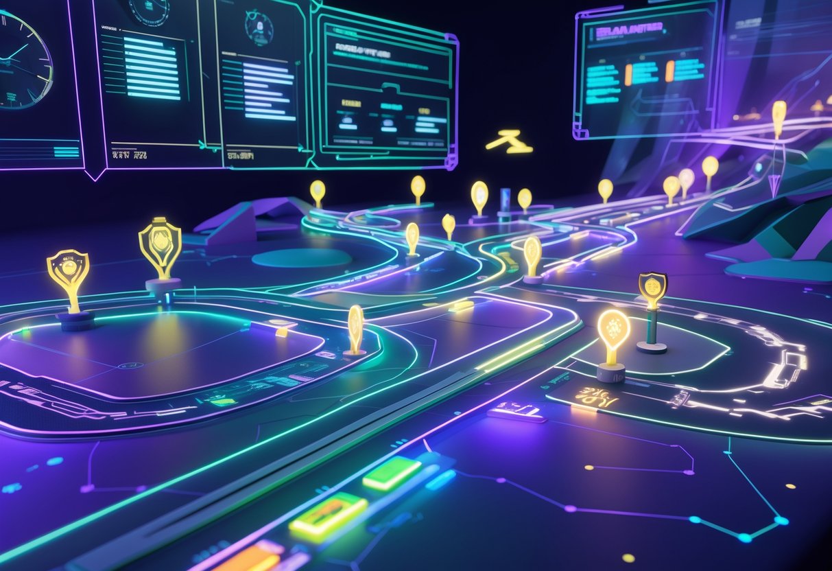 A 3D scene showing a futuristic race track with glowing checkpoints and branching paths representing different race stages and participation options in a fantasy racing event.