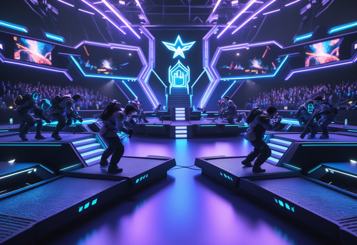 A 3D scene of an esports tournament arena with multiple platforms, a central throne, players competing in PvP matches, and accessibility features like ramps and handrails.