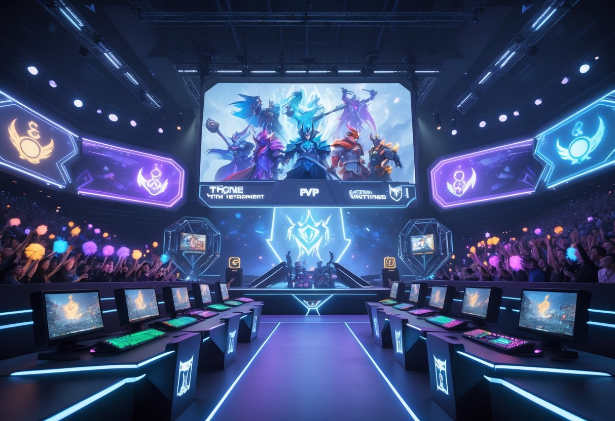 A large esports arena with two teams competing on stage, surrounded by cheering fans and streaming equipment, with fantasy-themed visuals projected above.