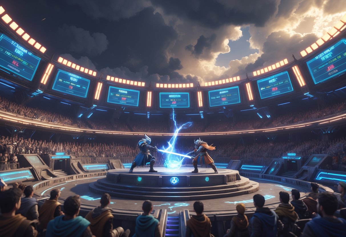 A 3D scene showing two armored warriors battling in a large arena filled with spectators and glowing magical effects.