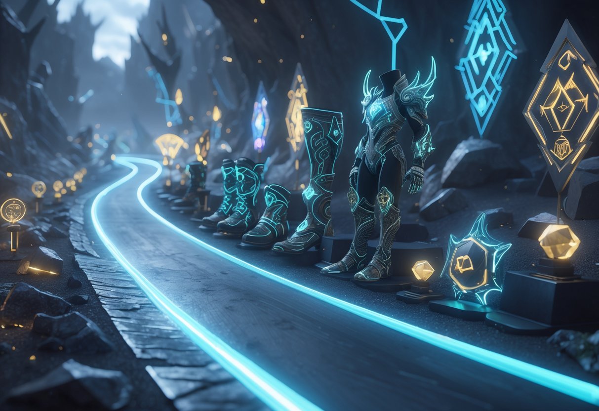 A detailed scene showing magical racing equipment and items arranged along a glowing path in a dark, mystical setting.