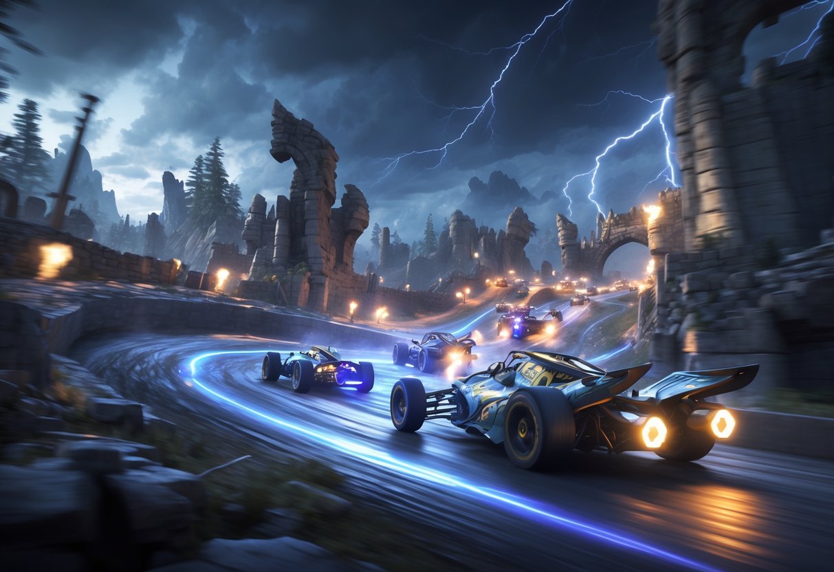 A fantasy race with armored characters speeding through a twisting track surrounded by ancient ruins and magical forests under a stormy sky.