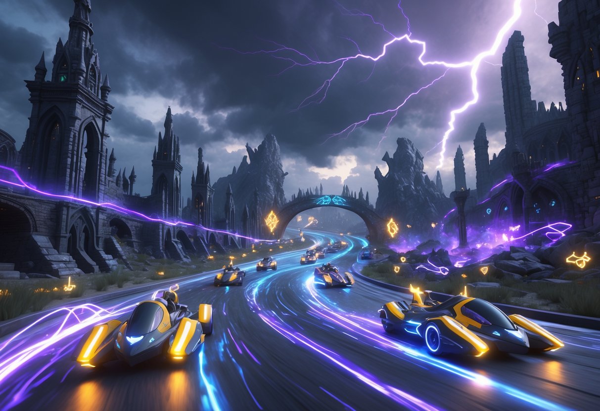 A dark fantasy racing scene with magical vehicles speeding along a glowing track surrounded by ancient ruins and stormy skies.