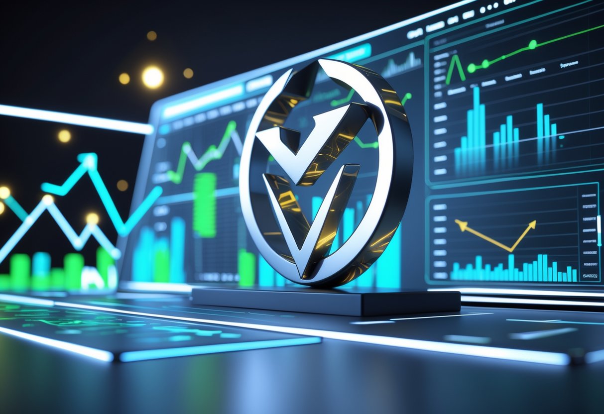 A 3D scene showing a futuristic digital dashboard with glowing charts and a metallic delta symbol surrounded by arrows and nodes indicating growth and progress.