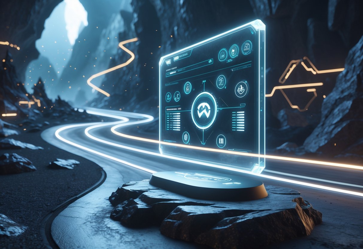 A 3D scene showing a glowing race track through a fantasy landscape with floating holographic displays representing game updates and bug fixes.