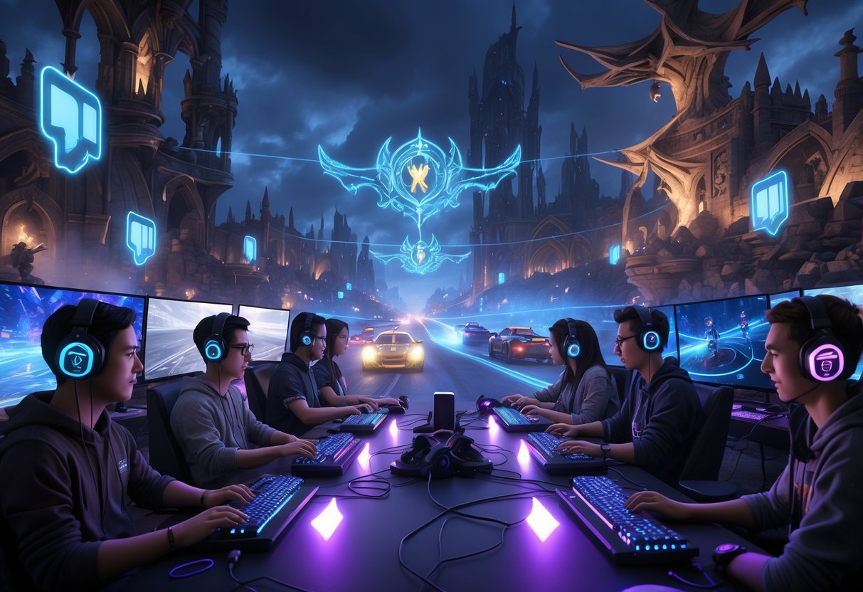 A group of gamers focused on a Path of Exile 2 race, surrounded by a dark fantasy race track with glowing magical runes and immersive game visuals.