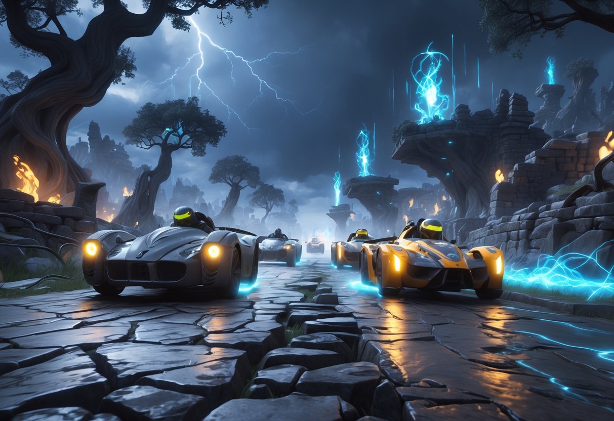 Two groups of fantasy characters racing through a dark ancient landscape with ruins and magical elements, showing a contrast between traditional and advanced armour styles.