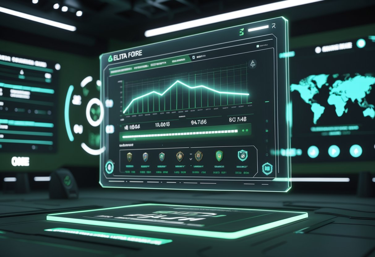 A 3D scene showing a futuristic holographic ranking system with progress bars and military-style icons in a dimly lit command centre.