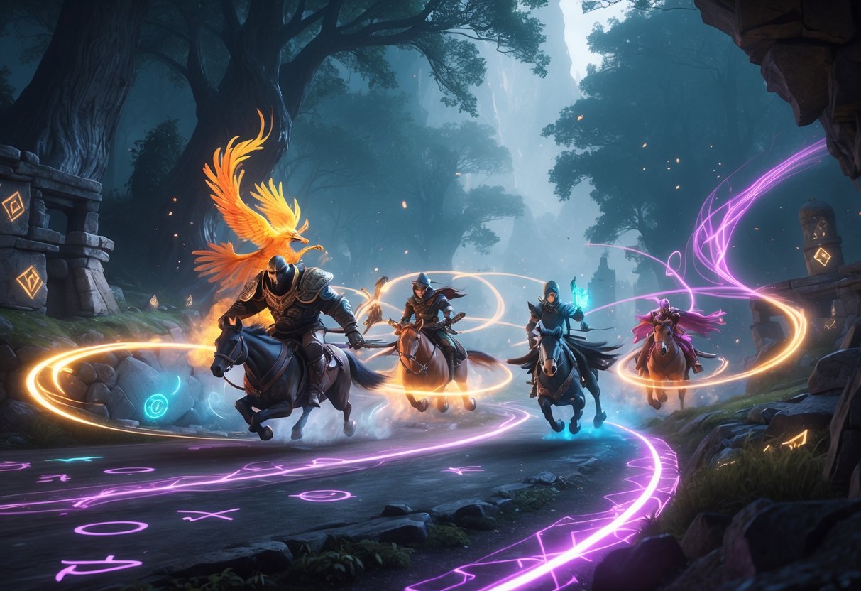 A fantasy race through a glowing enchanted forest with diverse characters riding magical mounts along a winding track surrounded by ancient ruins and floating crystals.